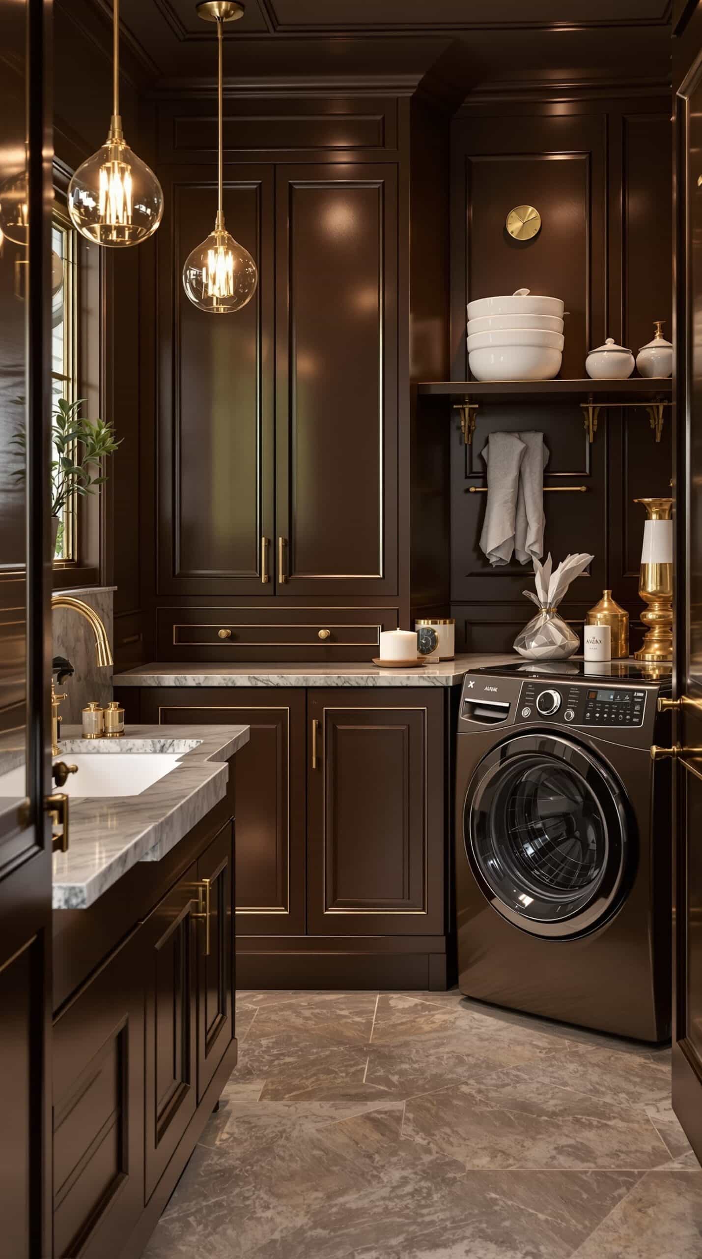 A luxurious laundry room featuring chocolate brown cabinetry, gold accents, and a marble countertop.