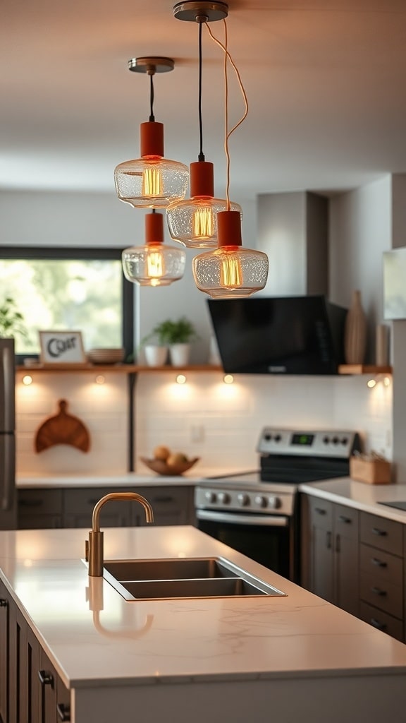 A modern kitchen with burnt sienna pendant lights above a white marble countertop.