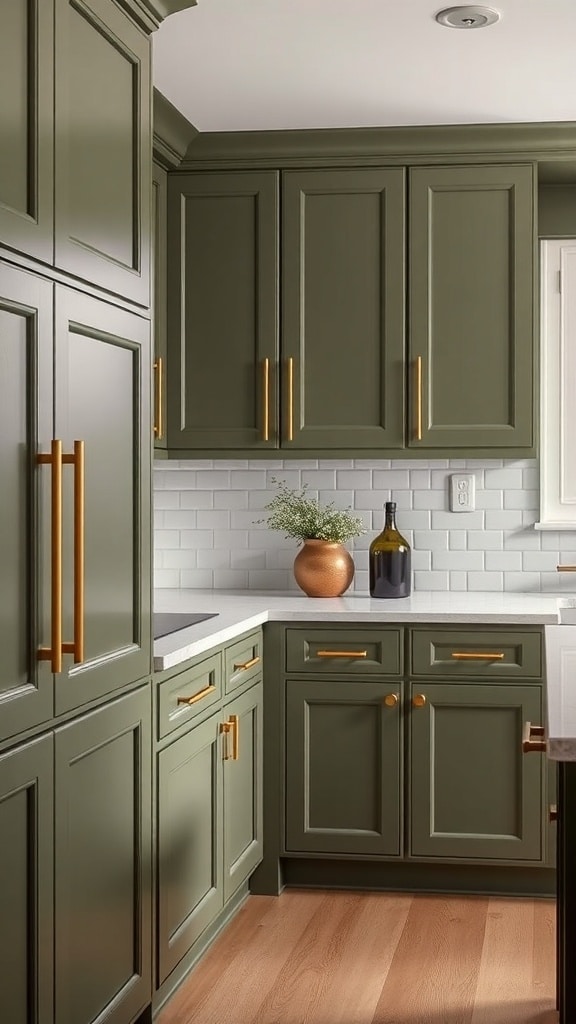 Modern kitchen with olive green cabinets and gold accents