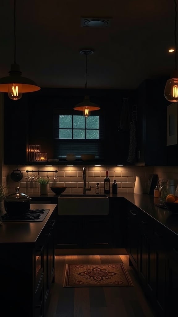 A moody black kitchen with warm pendant lights and under-cabinet lighting.