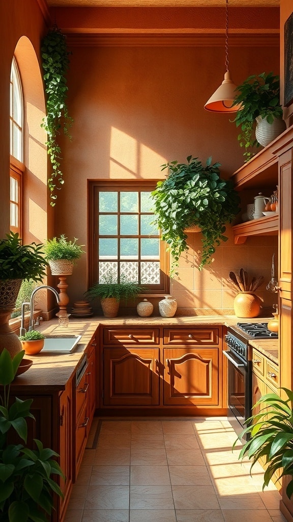A cozy kitchen with terracotta walls and greenery, featuring wooden cabinets and natural light.