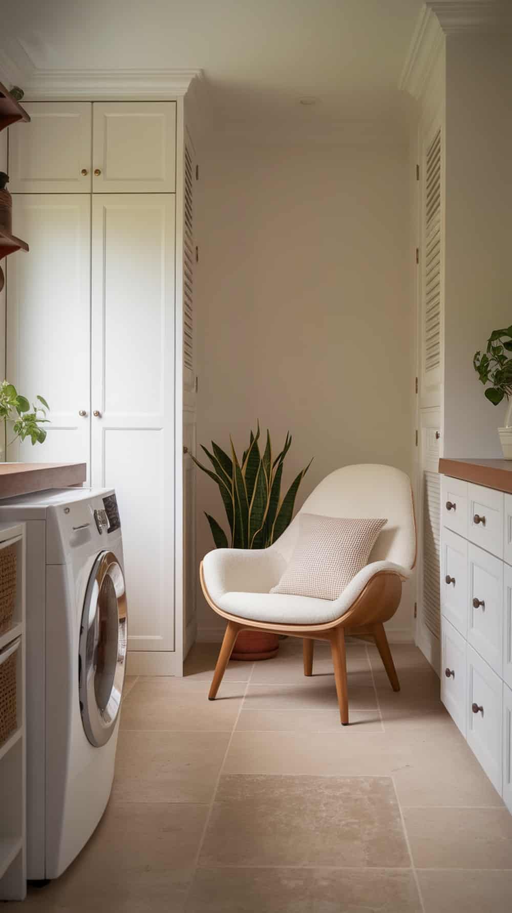 A cozy reading nook in a laundry room featuring a soft chair, potted plant, and neutral decor.