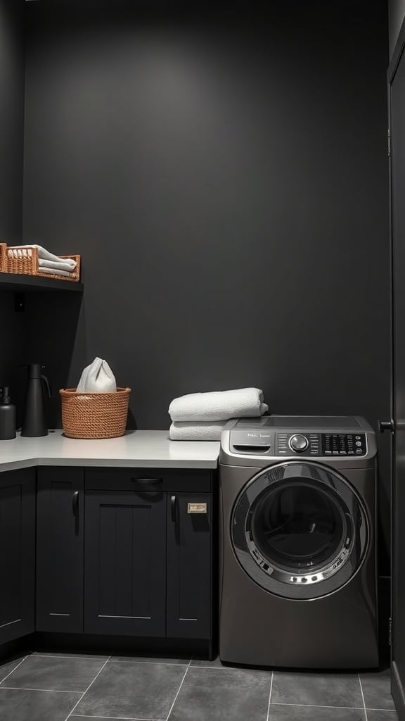 A charcoal gray laundry room with a functional folding station, featuring a countertop, dark cabinetry, and neatly stacked towels.