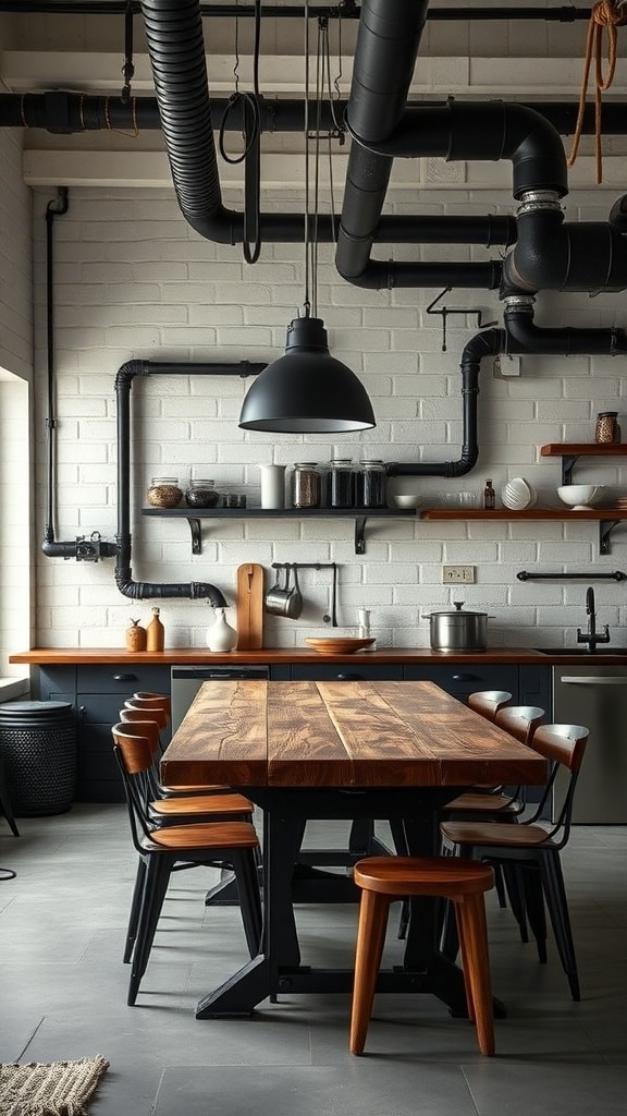 A modern kitchen featuring industrial black fixtures, including pipes and a pendant light, with a wooden dining table and chairs.