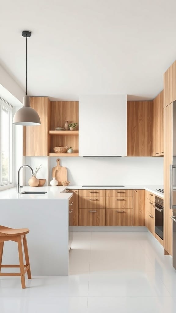 A minimalist white kitchen featuring natural wood accents with light wood cabinetry and a wooden stool.