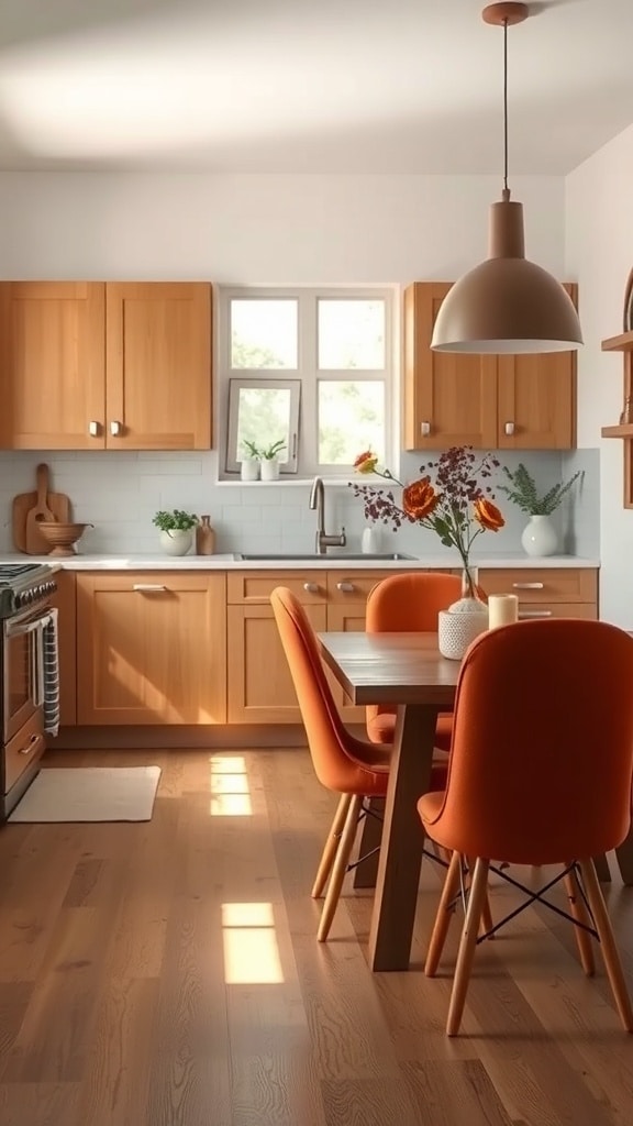 A warm rust dining area featuring orange chairs and a wooden table, illuminated by natural light.