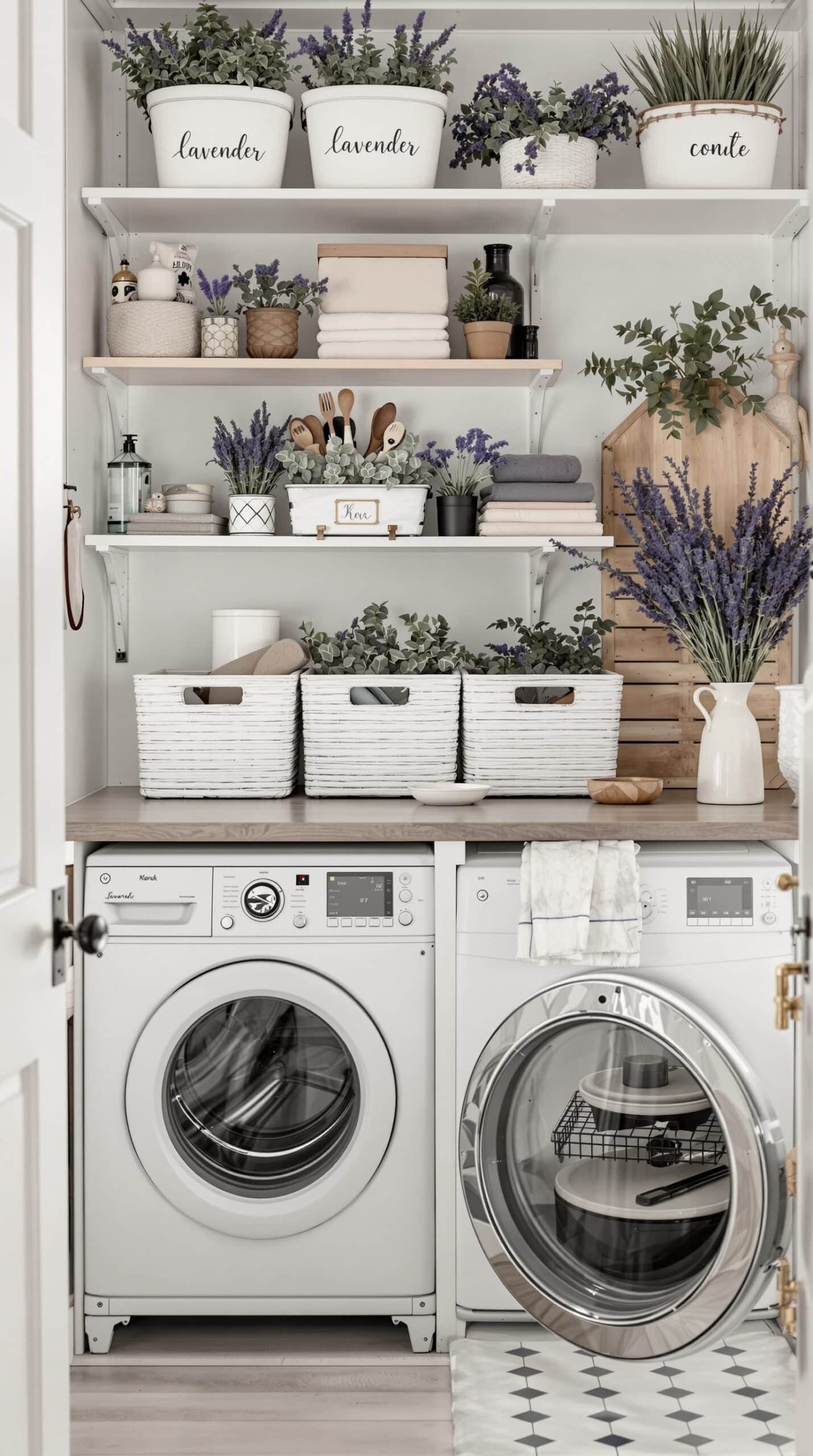 A stylish vintage lavender laundry room with organized shelves, plants, and storage baskets.
