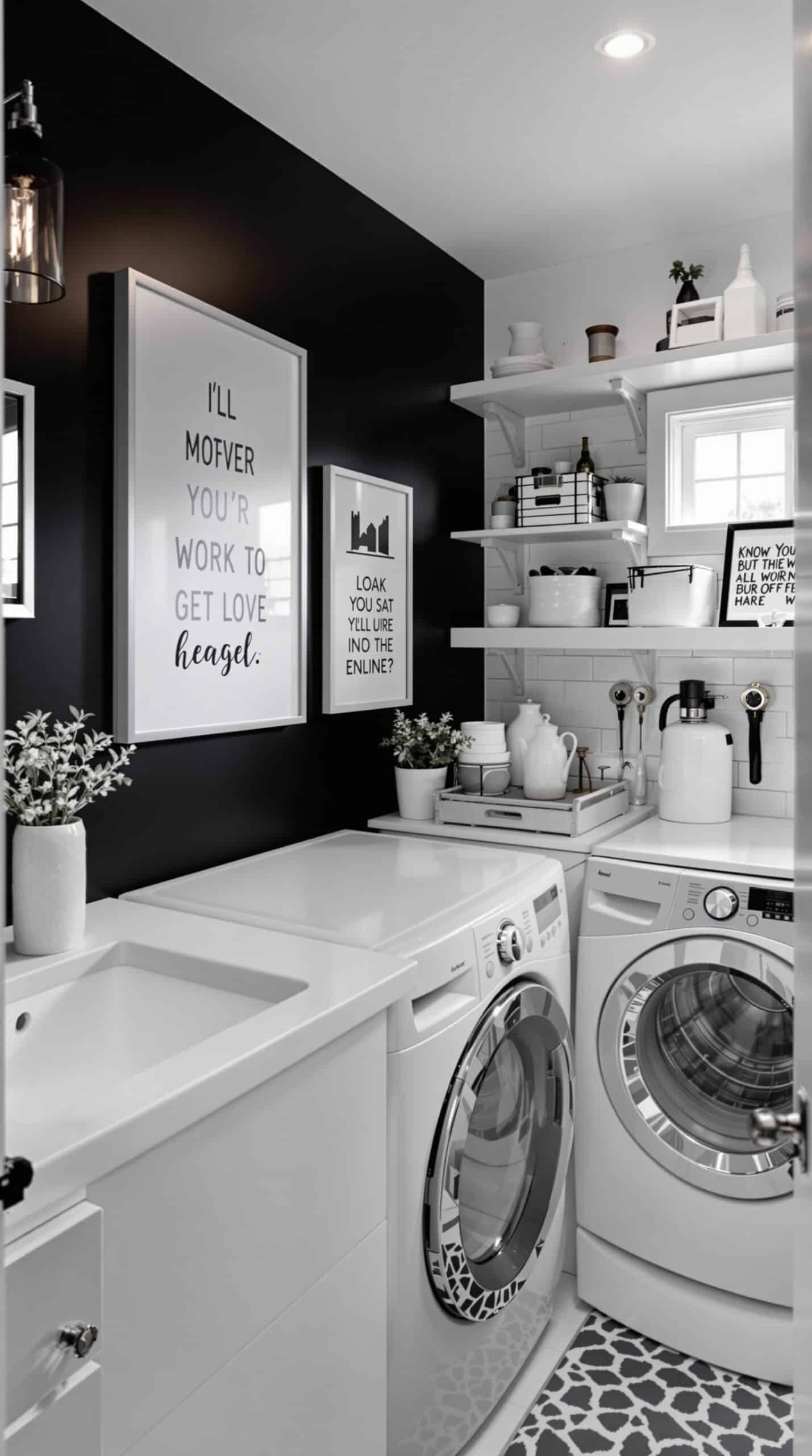 A modern laundry room featuring a bold black accent wall, white cabinetry, and stylish decor.