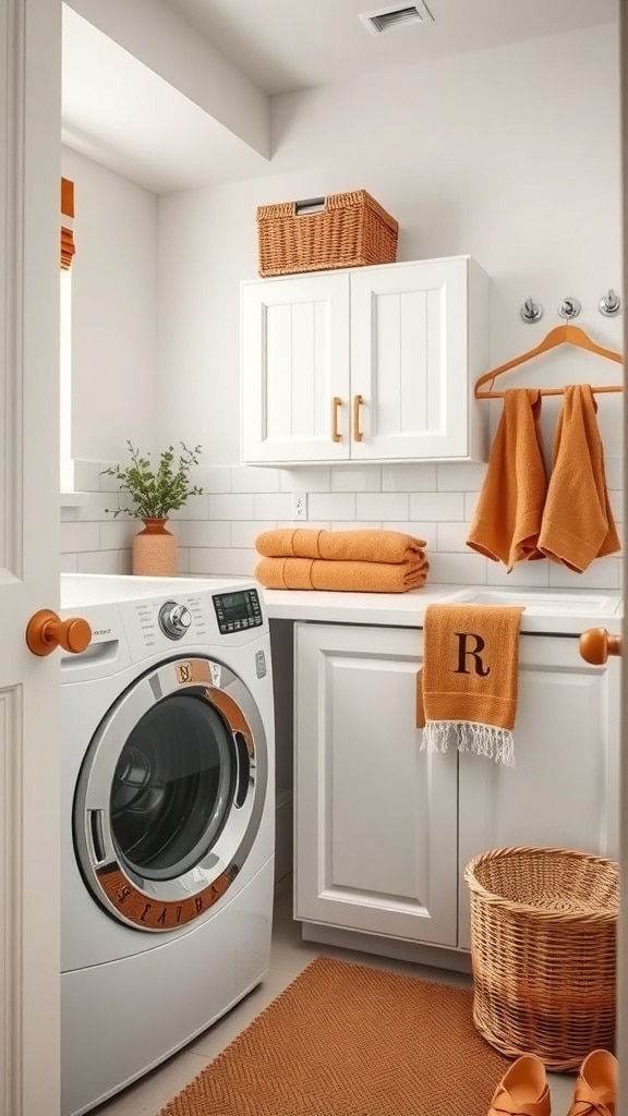 Stylish caramel laundry room with personalized touches, including monogrammed towels and decorative baskets.