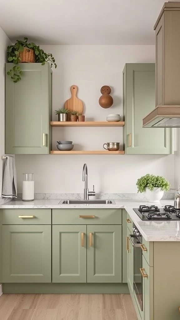 A small kitchen featuring sage green cabinets, wooden shelves, and a modern sink.