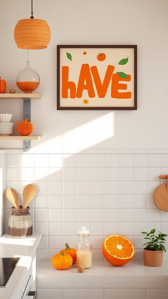 A bright kitchen with orange-themed wall art, small pumpkins, and an orange slice on the counter.