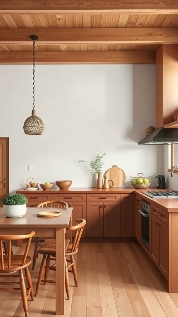 A cozy kitchen featuring terracotta cabinets and wooden accents, with a dining table and natural decor.