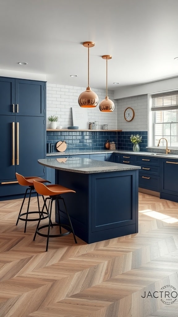 A modern kitchen featuring an indigo kitchen island with bar stools, pendant lights, and wooden flooring.