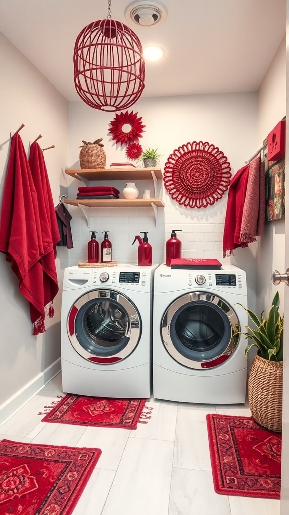 A stylish laundry room featuring burgundy accessories, including towels, rugs, and decorative items.