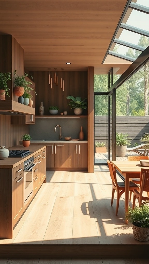 A modern brown kitchen with large glass doors leading to an outdoor area, featuring wooden cabinets, a dining table, and potted plants.