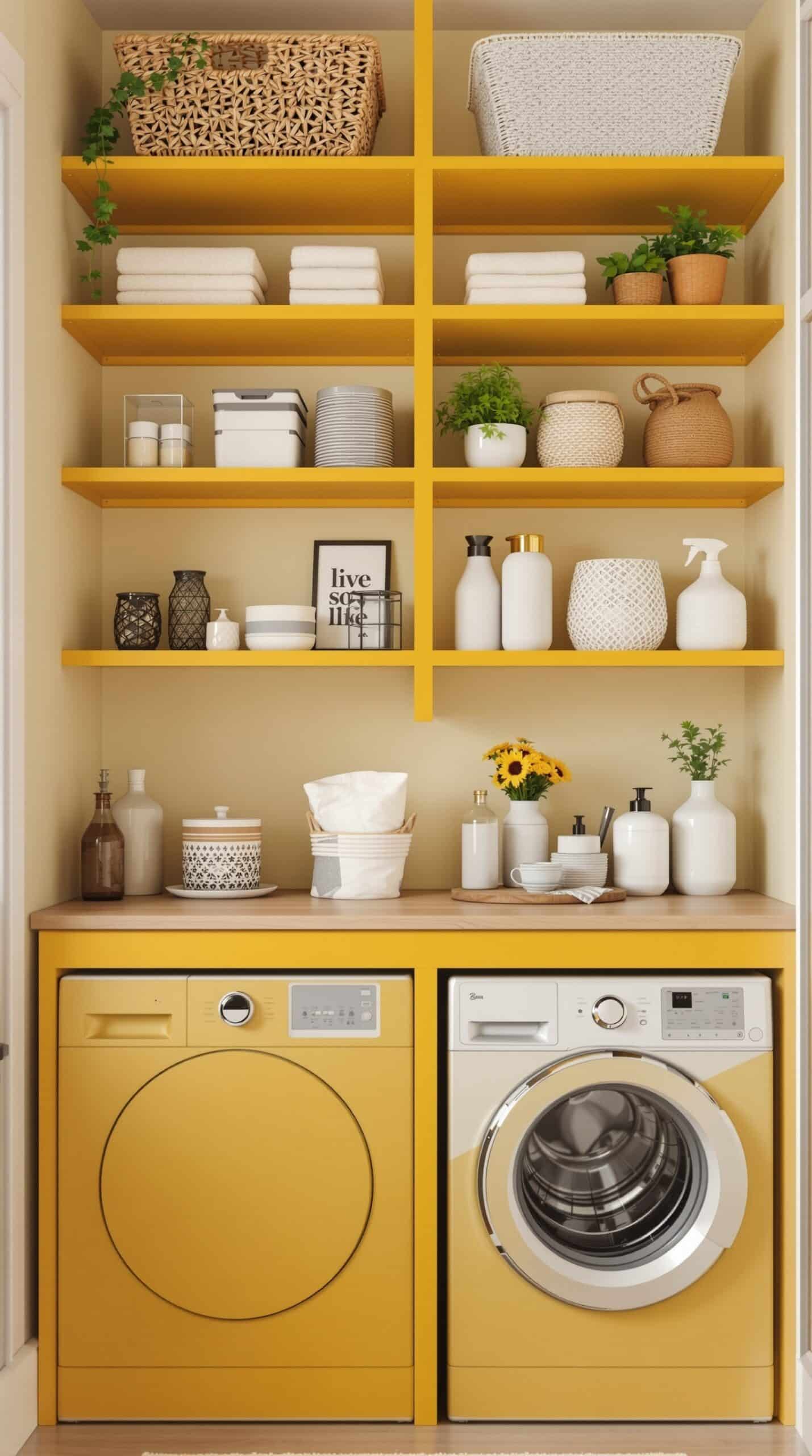 Mustard yellow shelving units in a laundry room with neatly organized items.