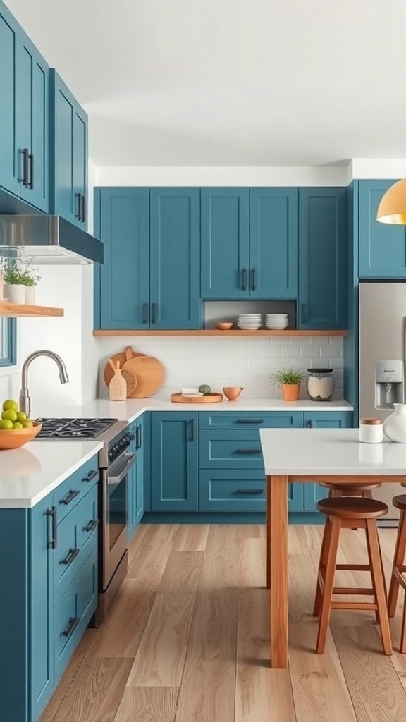 A modern kitchen featuring peacock blue cabinets and natural wood accents.