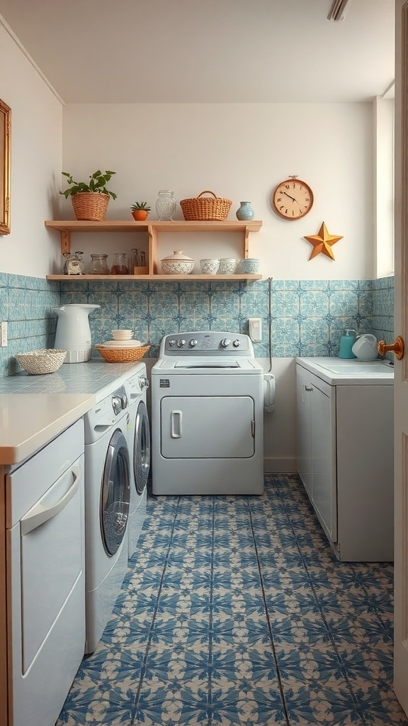 Laundry room with vintage blue tiles on the floor and wall, featuring white appliances and wooden shelves.