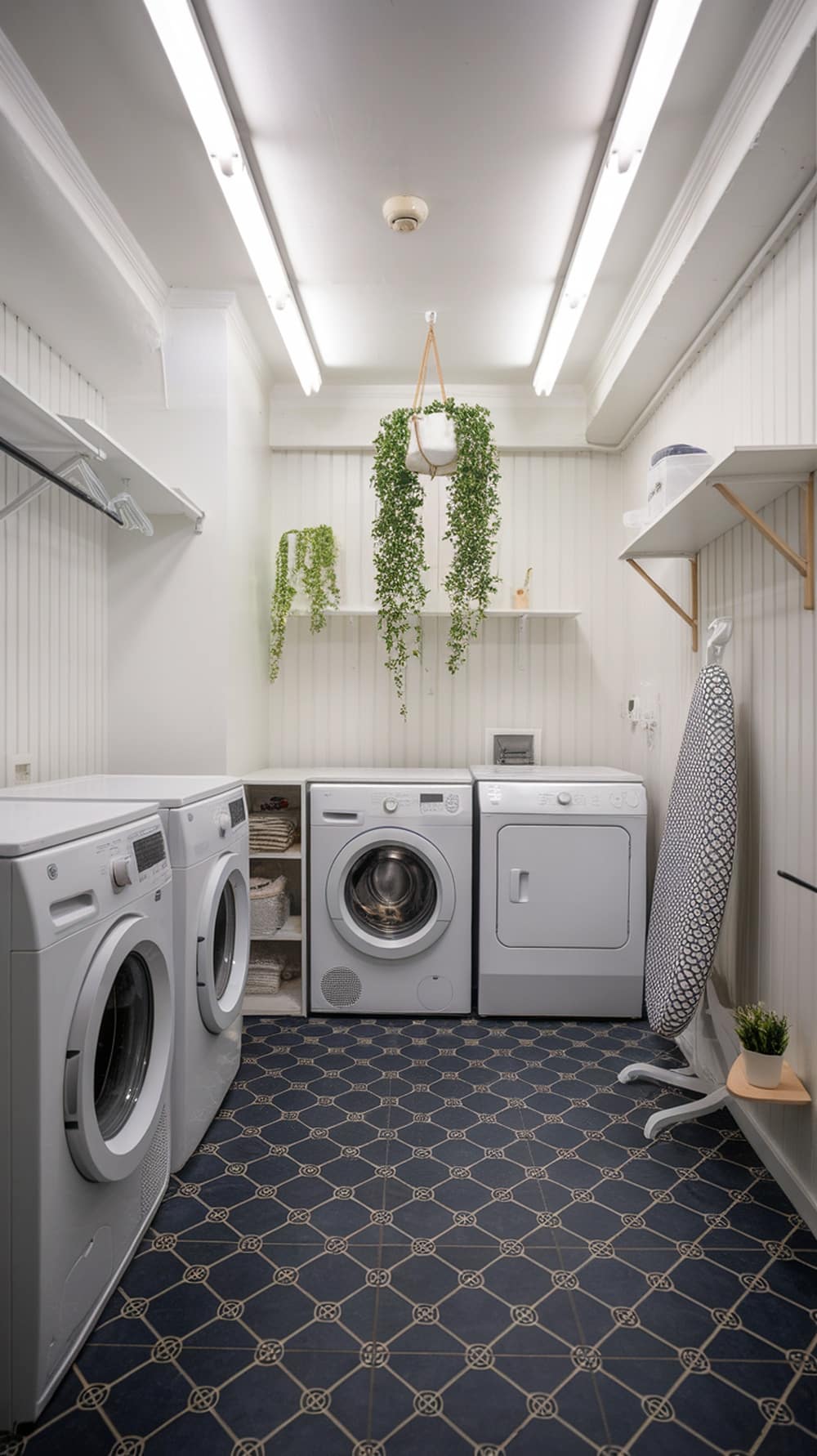 A stylish laundry room featuring navy blue patterned flooring, white appliances, and green plants.