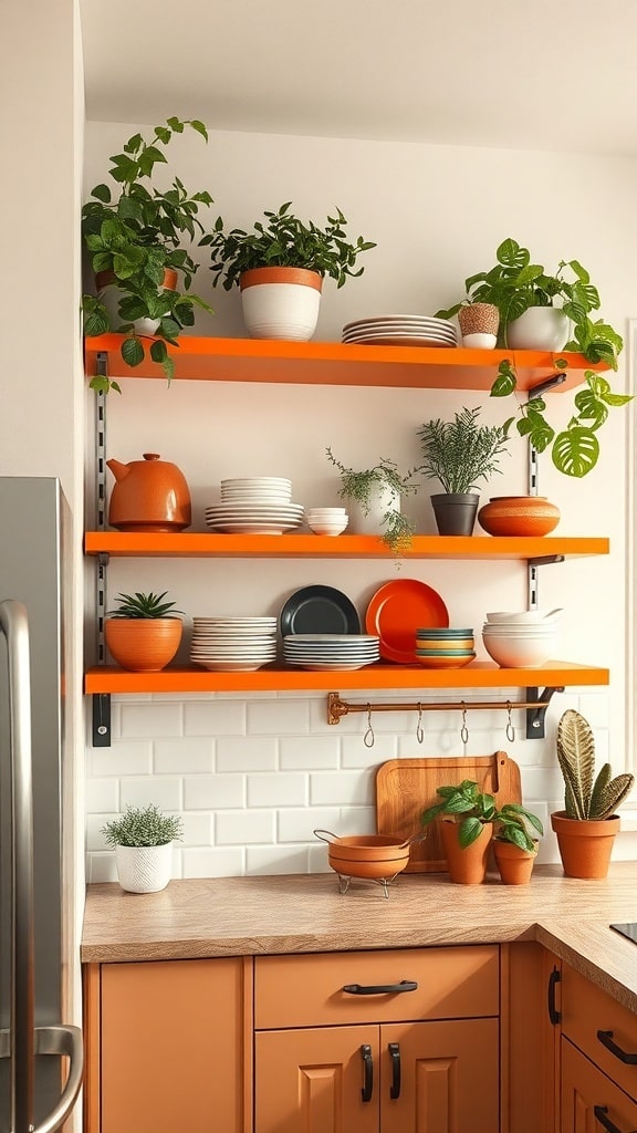 Rust orange open shelving in a kitchen with plants and dishware