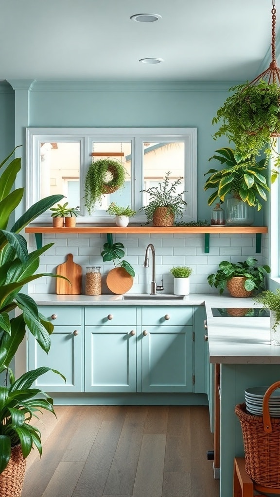 A bright kitchen with teal cabinets and various indoor plants, showcasing a fresh and vibrant atmosphere.