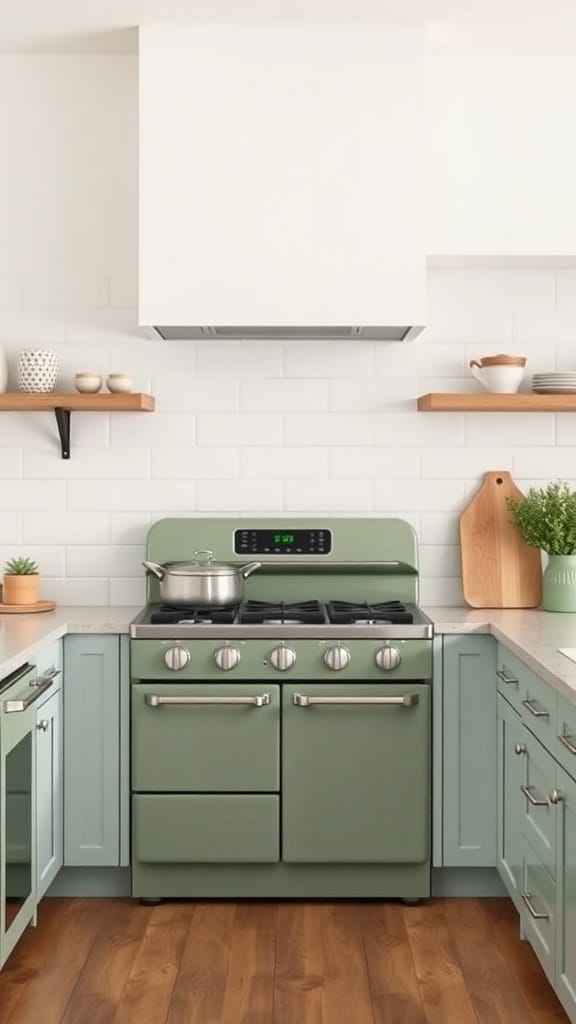 A modern kitchen featuring a sage green stove, light cabinetry, and wooden shelves.