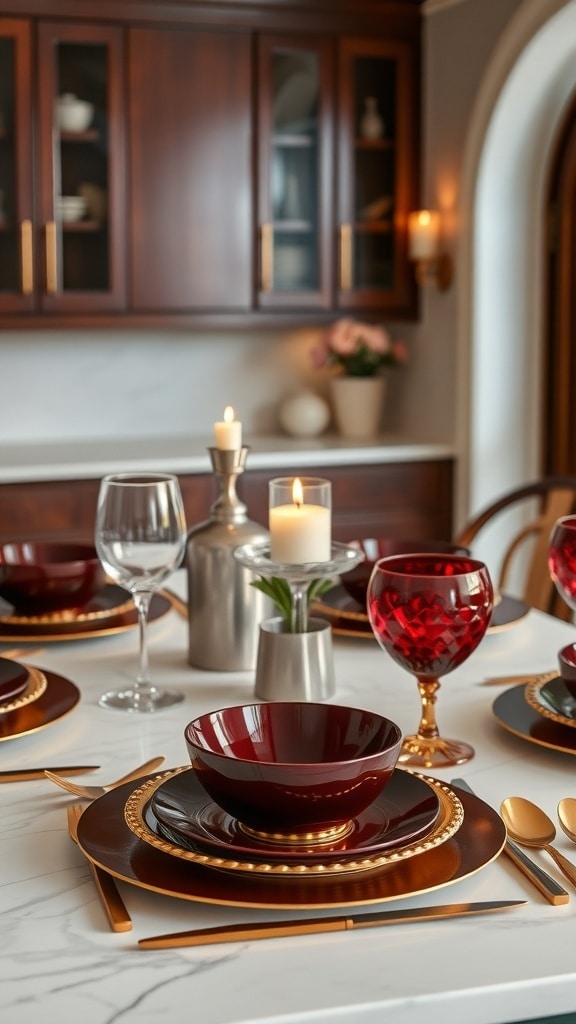A dining table set with burgundy and gold tableware, featuring bowls, plates, and elegant glassware.
