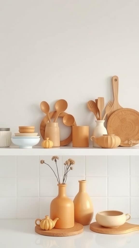 A collection of kitchen items in caramel tones, including bowls, vases, and wooden utensils, arranged on a shelf.