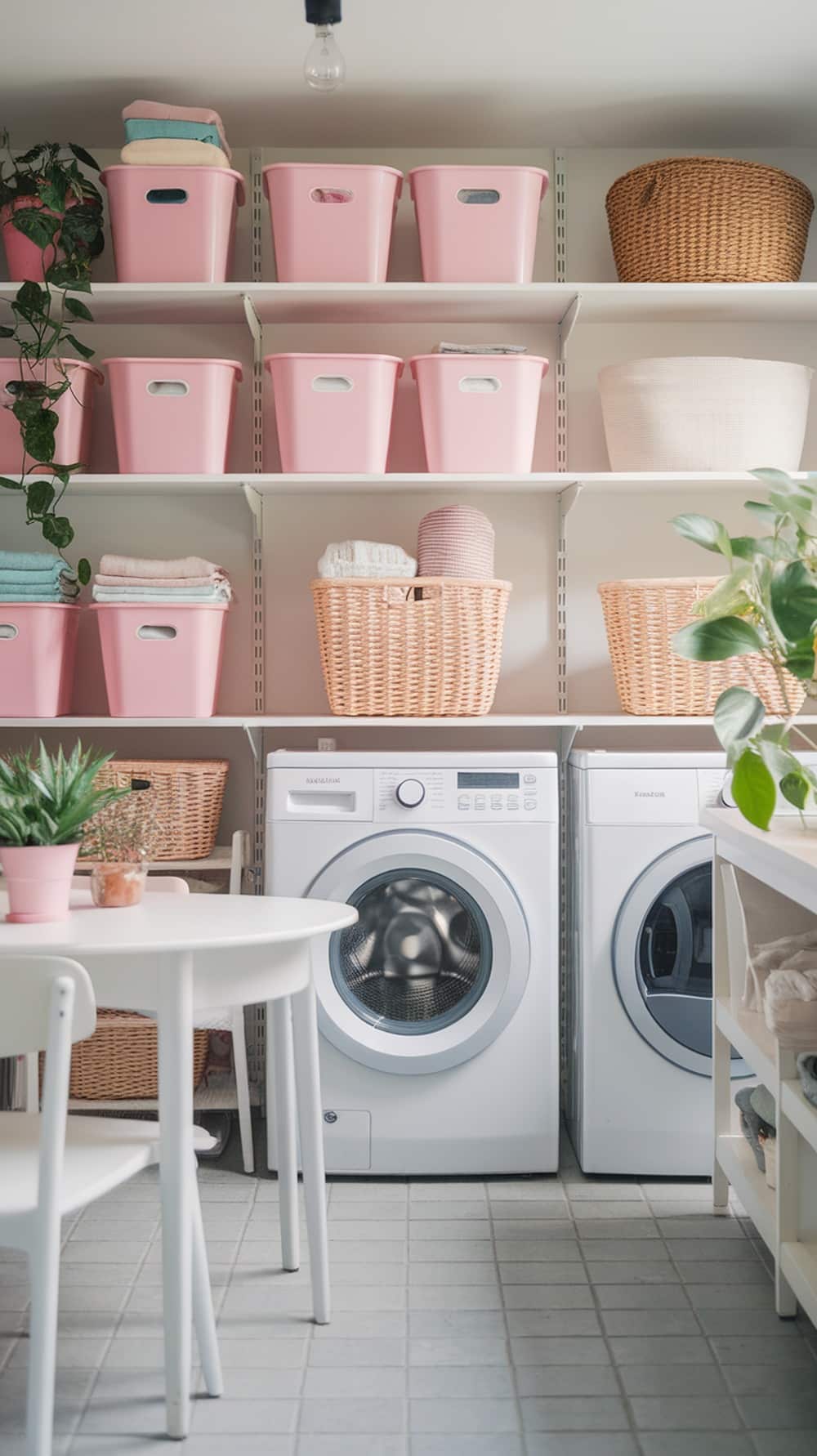 A stylish laundry room featuring pink storage bins, woven baskets, and plants.