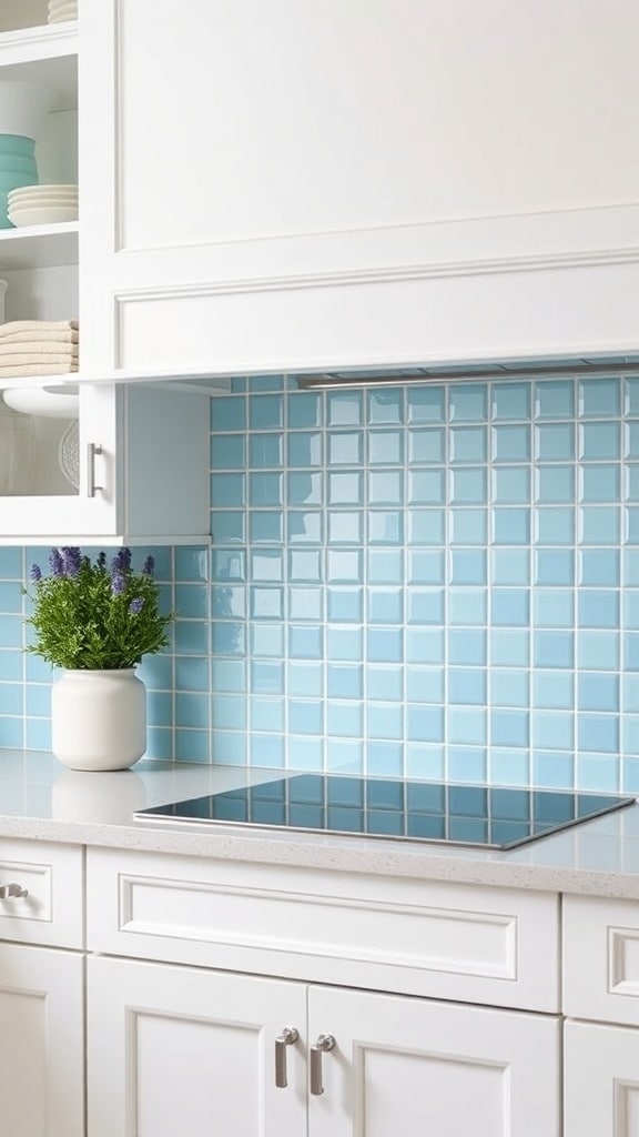 Light blue backsplash with white tiles in a kitchen setting