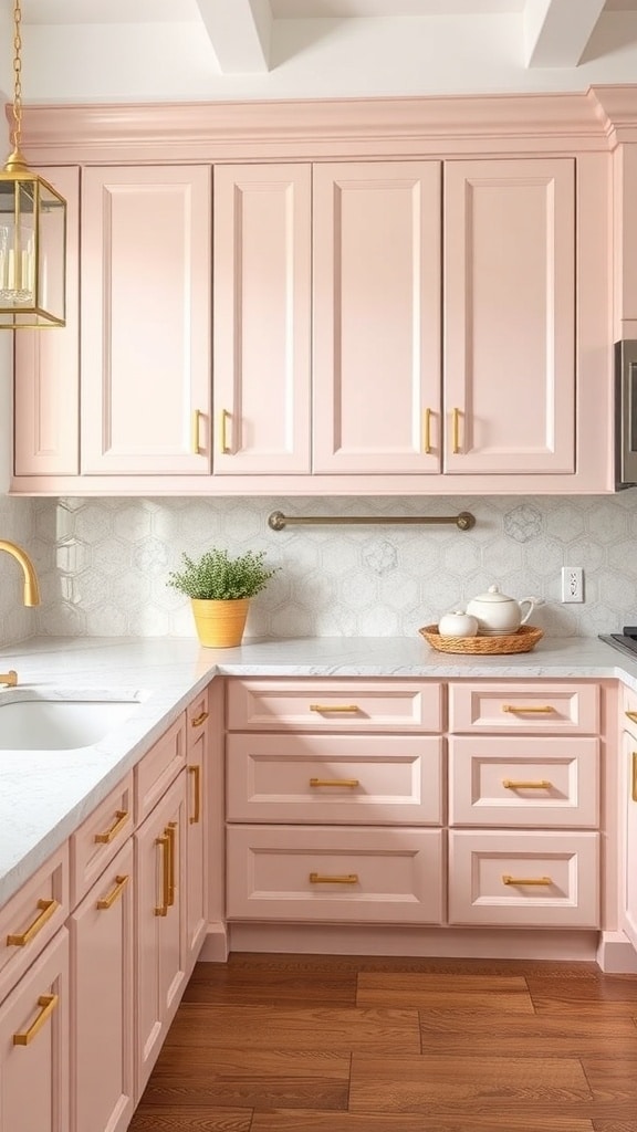 A cozy kitchen featuring blush pink cabinets with gold accents, white countertops, and a touch of greenery.