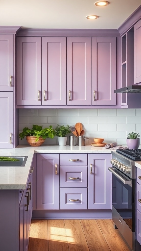 A kitchen with lavender cabinets, gold hardware, and plants on the countertop.