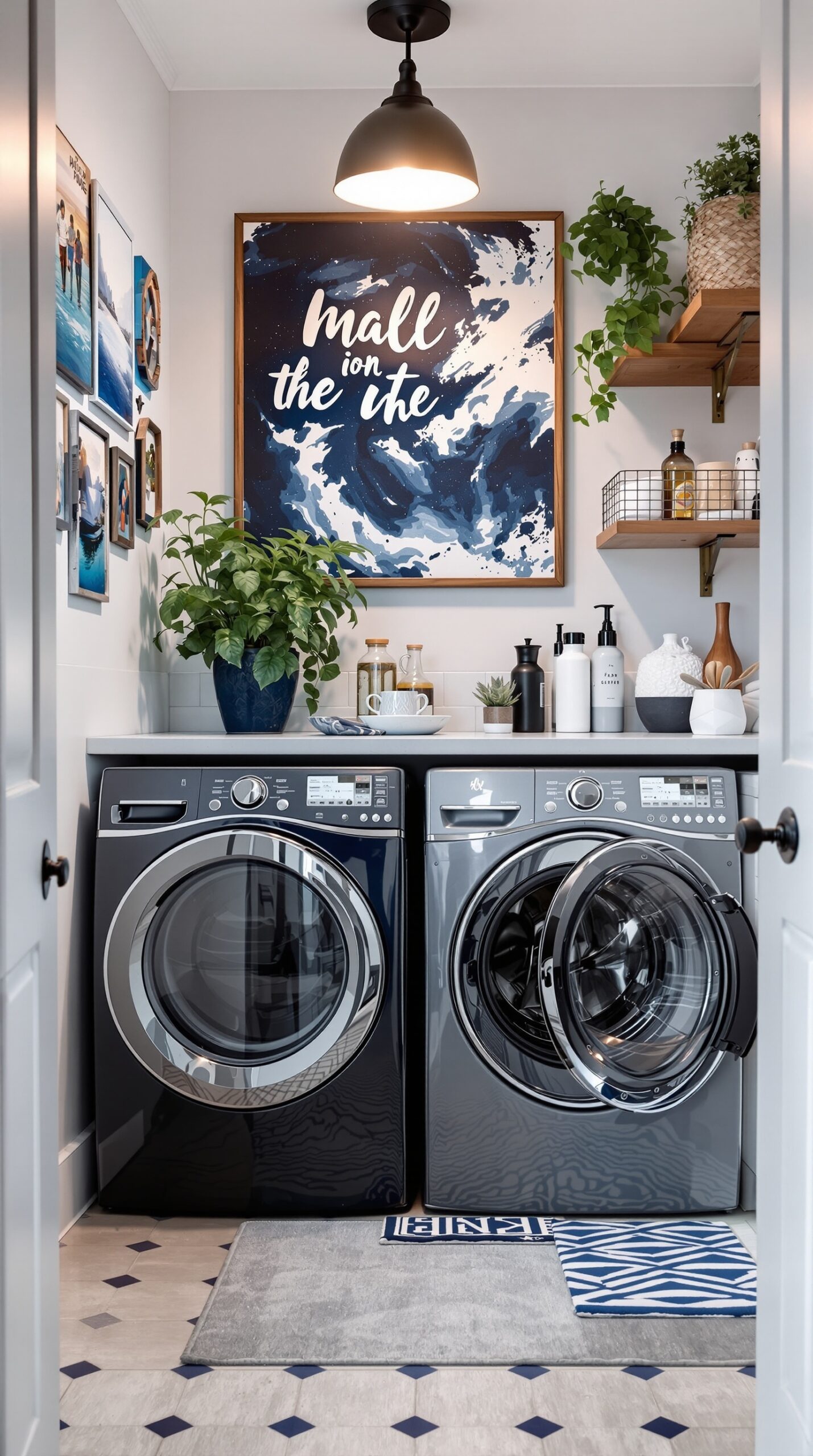 A stylish laundry room featuring indigo wall art, framed photos, and plants.