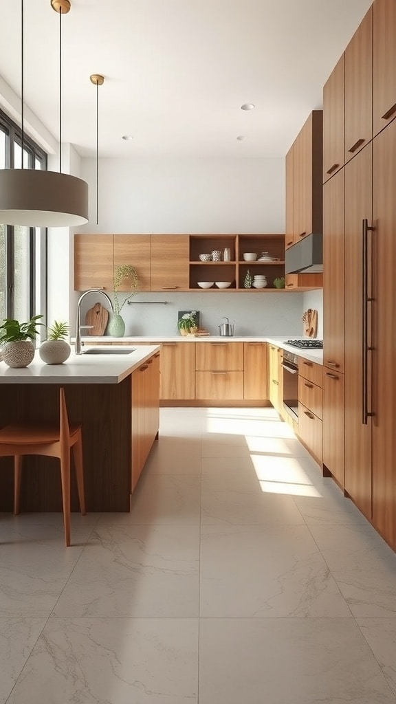 Modern kitchen with greige flooring and wooden cabinets