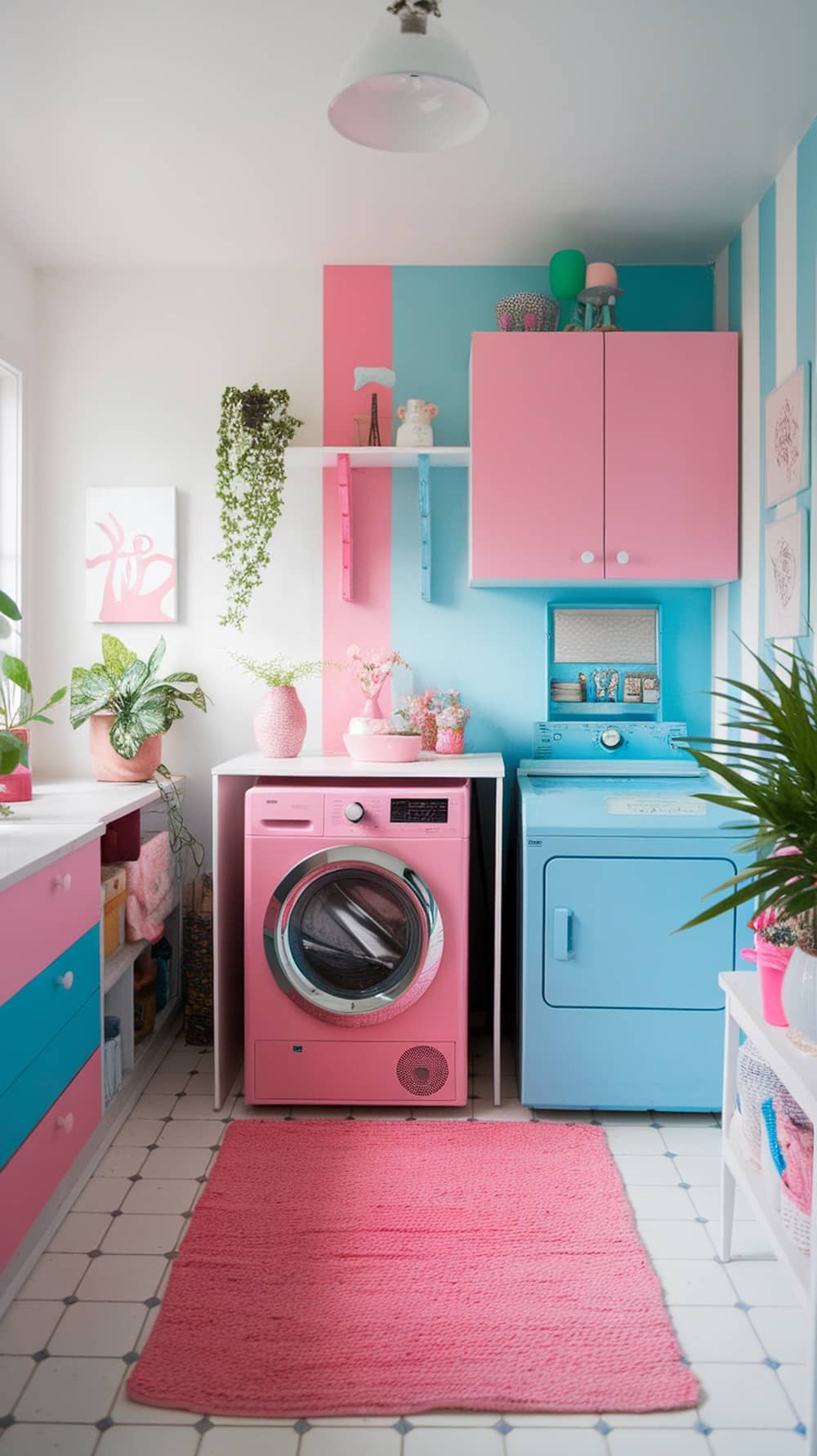 A bright and colorful laundry room featuring pink and blue appliances, striped walls, and decorative plants.