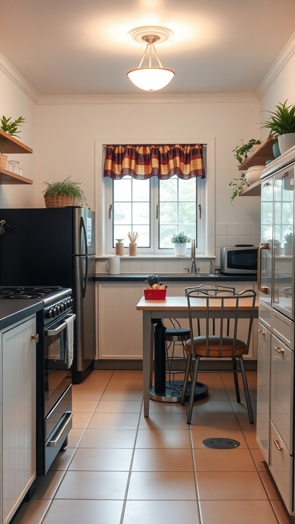 A vintage-inspired black and white kitchen featuring a black stove, silver fridge, and cozy decor.