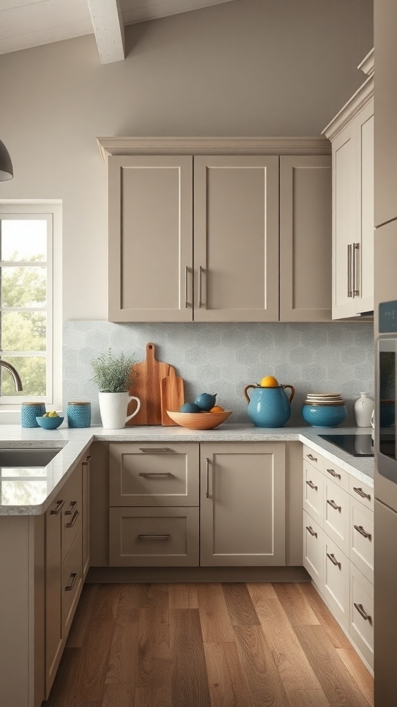 A taupe kitchen featuring blue accents, including bowls and a teapot, with natural light illuminating the space.