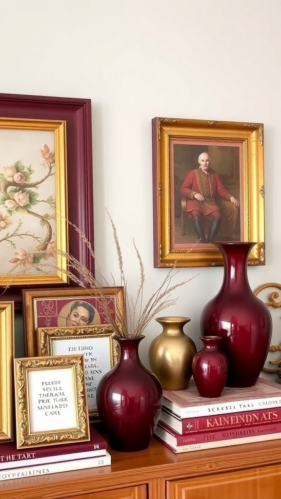Decorative arrangement featuring burgundy vases and gold accents on a shelf
