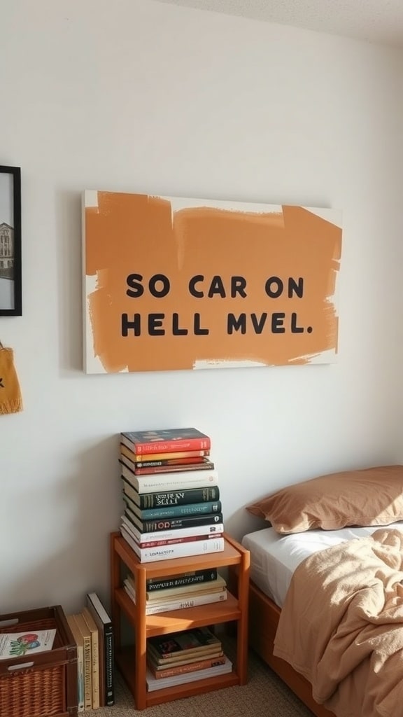 A large canvas with a caramel background and black text saying 'SO CAR ON HELL MVEL.'