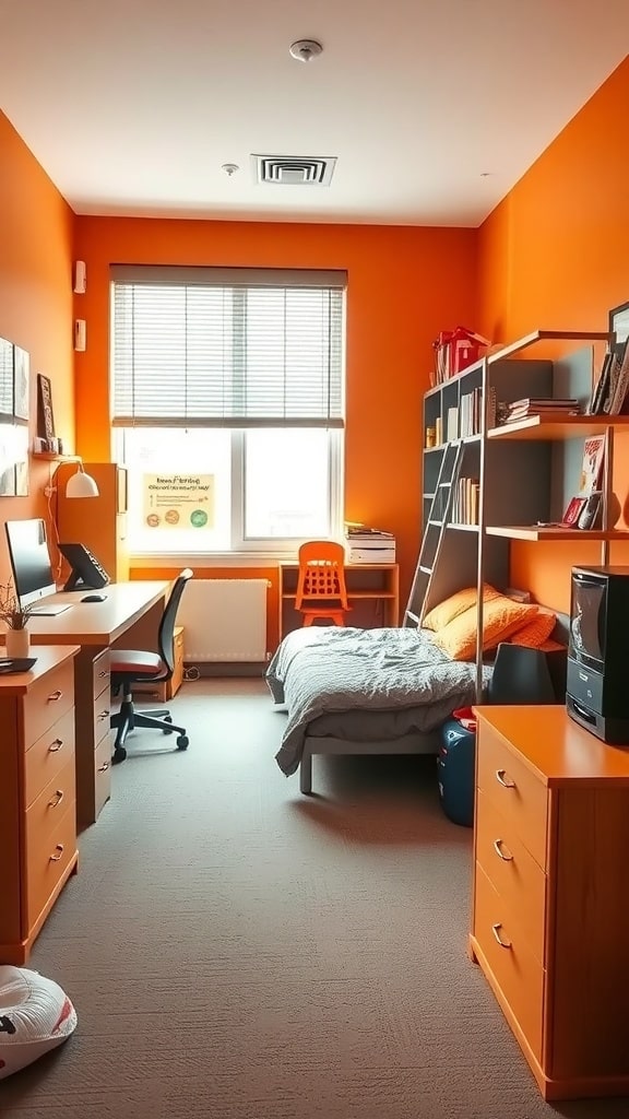 A contemporary dorm room featuring orange walls, gray bedding, and a functional study area.