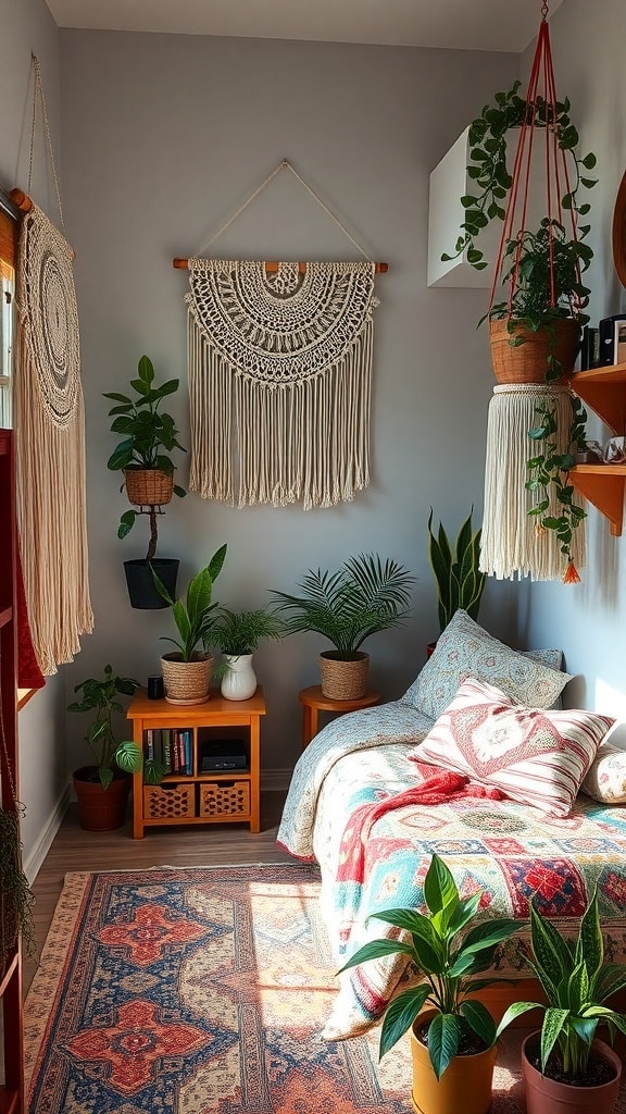 A cozy dorm room featuring macramé wall hangings, plants, and colorful textiles.