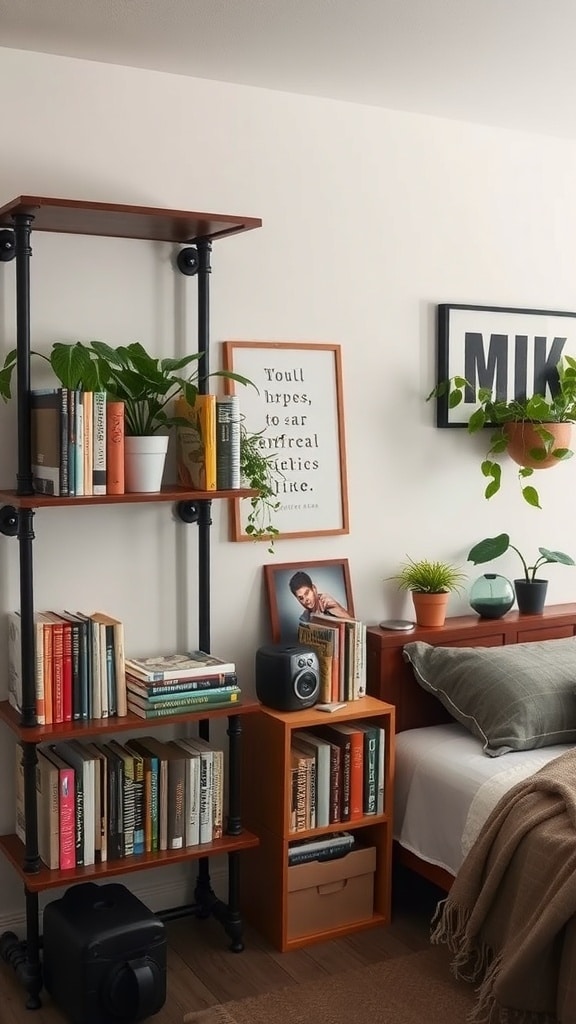 A stylish metal pipe shelving unit in a dorm room, displaying books and plants.