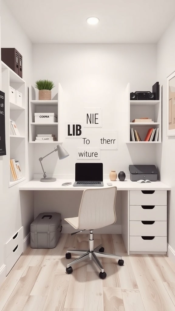 A bright and organized study space with a desk, laptop, and shelves.