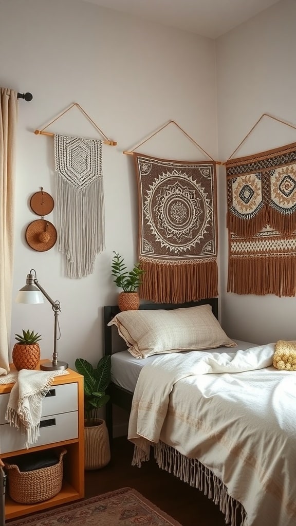 A cozy dorm room featuring bohemian wall hangings, plants, and warm greige decor.