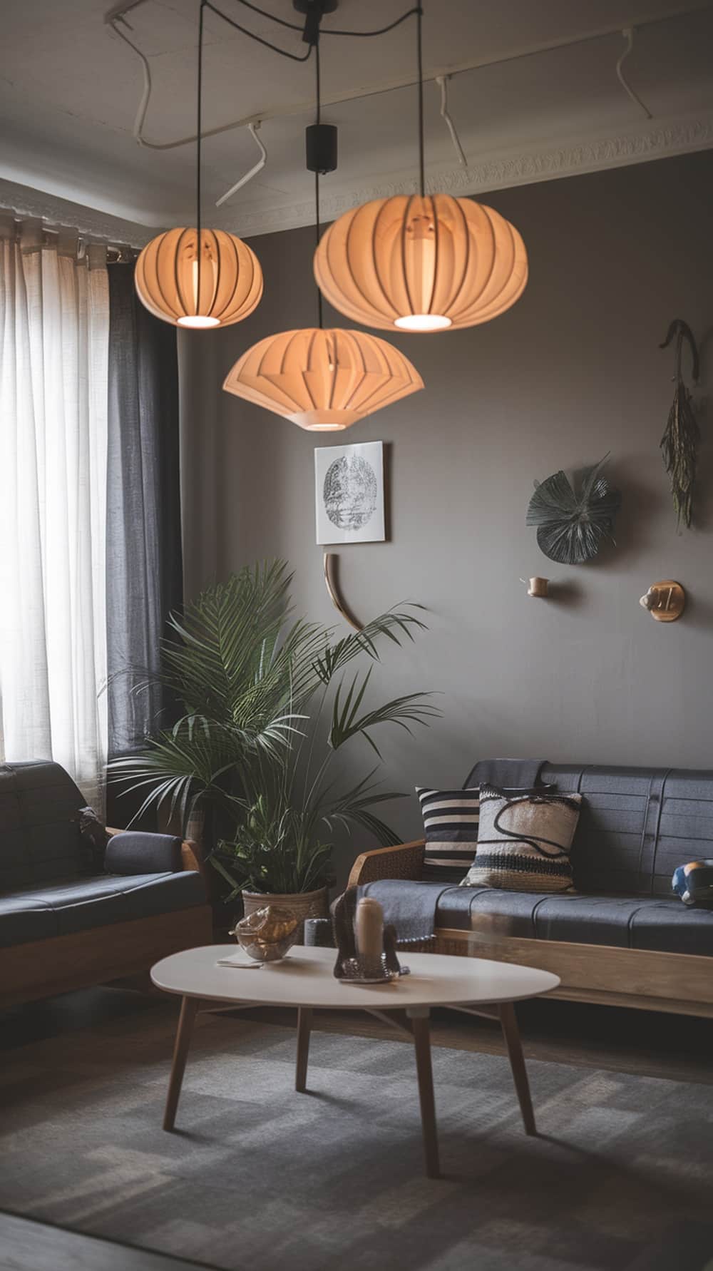Two modern pendant lights hanging in a stylish room with charcoal gray walls and a cozy atmosphere.