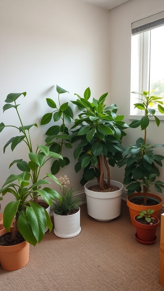 A collection of sage green plants in various pots, enhancing a bright dorm room corner.