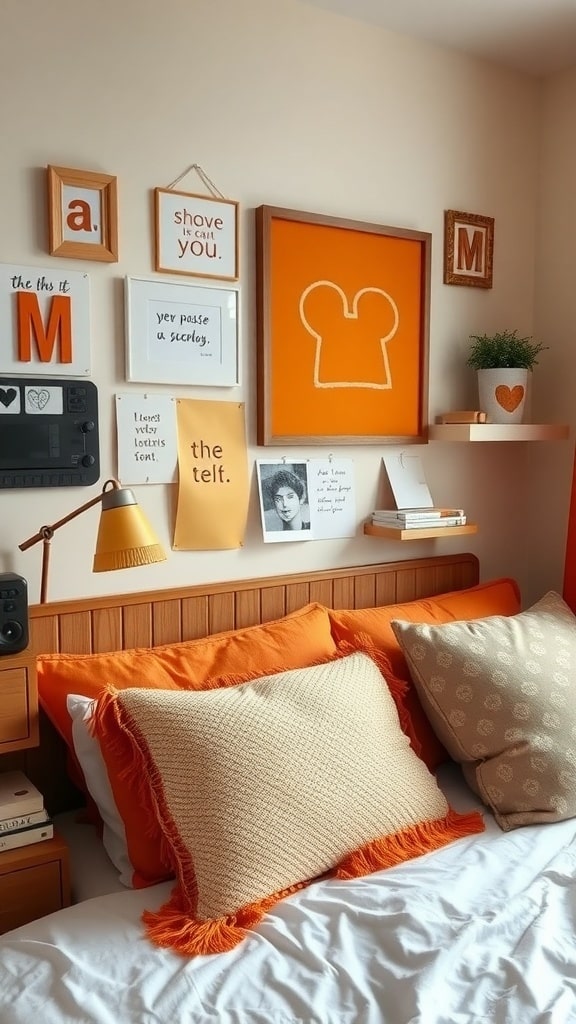 A cozy dorm room with ochre decor, featuring framed art, pillows, and a warm color palette.