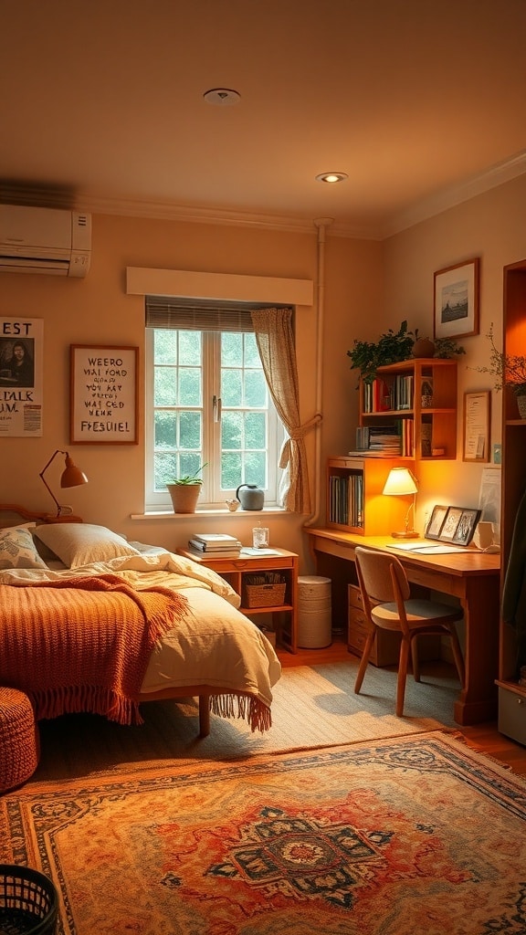 A cozy dorm room featuring a warm caramel color palette with soft bedding, wooden furniture, and natural light.