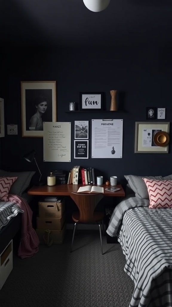 A stylish dark dorm room with two beds, a wooden desk, and organized storage solutions.