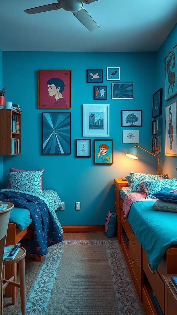 A cozy dorm room featuring peacock blue walls and a variety of framed artwork.